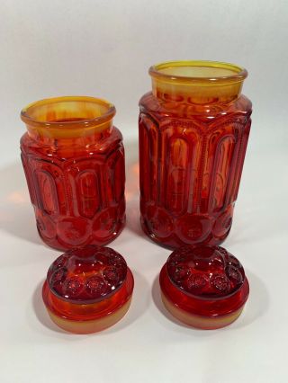 L.  E.  Smith Red Clear Glass Amberina Moon & Stars Canister Set Lids Vintage 6
