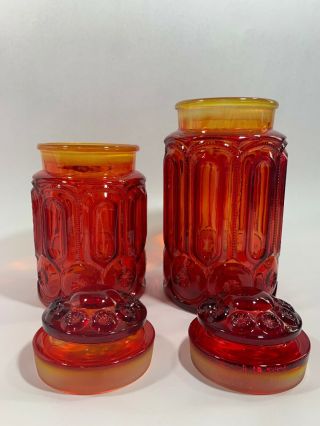 L.  E.  Smith Red Clear Glass Amberina Moon & Stars Canister Set Lids Vintage 7
