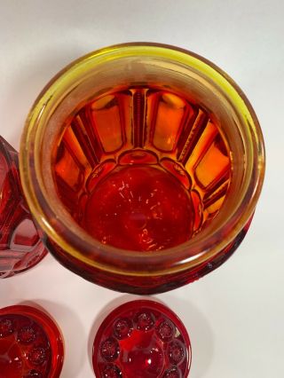 L.  E.  Smith Red Clear Glass Amberina Moon & Stars Canister Set Lids Vintage 8