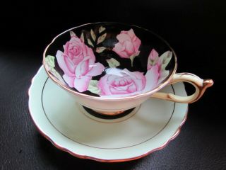 Paragon Tea Cup & Saucer Cabbage Rose On Midnight Black Bowl