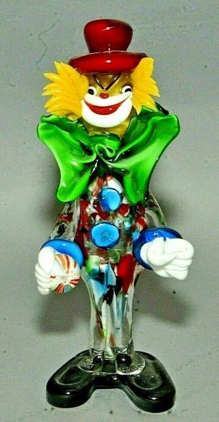 Vintage Italian Murano Multicolored Glass Clown Figurine W/ Red Top Hat 10 " Tall