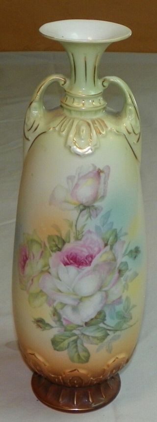 Antique Victoria Austria Hand Painted Rose Porcelain Vase 13 " Tall