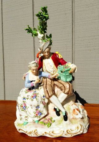 Meissen Porcelain Figural Group Lovers Couple W/ Bird,  Cage,  Dog Ca 19th Century