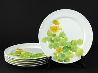 Vintage Set Of 6 Mikasa Water Lilies Yellow Dinner Plates Bone China Green Leaf