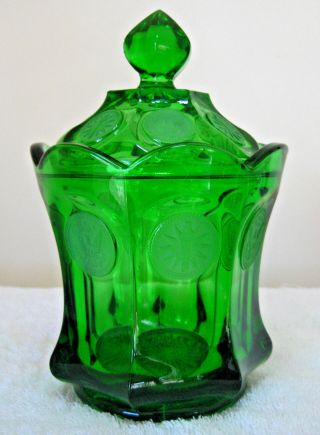 Vintage 1960s 6 " Fostoria Glass Emerald Green Coin Pattern Candy Dish With Lid