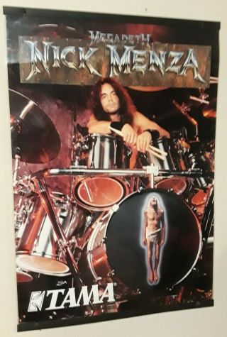 Rare 1992 Nick Menza Tama Drums Laminated Promo Poster.  Megadeth