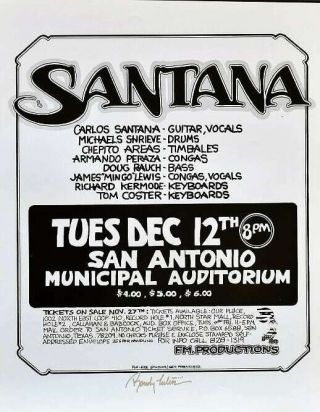 Santana Concert Poster Randy Tuten Signed San Antonio 1972
