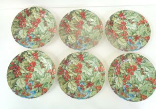 Gien Le Houx Set Of 6 Appatizer Plates 6 1/2 " Holly Berries And Blue Ribbon