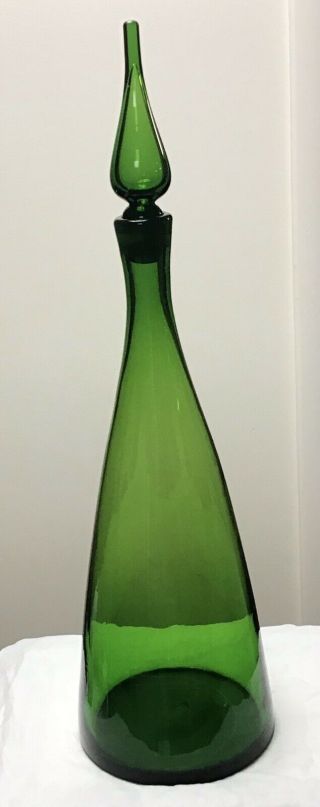 Vintage Huge Green Art Glass Decanter W/ Flame Blenko Mid Century Modern
