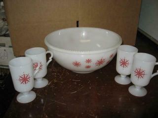 Vintage Mckee Snowflake Christmas Winter Milk Glass Punch Bowl W/ 4 Glasses