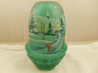 Vintage Fenton Glass Green Hand Painted Christmas Fairy Lamp Ltd Ed Signed Numb
