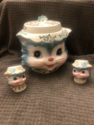 Vintage Lefton Miss Priss Kitty Cat Cookie Jar & Salt/pep Shakers 1502 2 - 1511