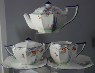 5pc Antique Shelley Garden Scene 11668 Tea Pot Sugar Creamer Plates Queen Ann