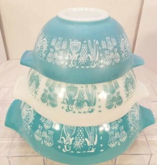 Vintage Pyrex Amish Butterprint 3 Pc Mixing Bowl Set 442 443 & 444 Turquoise