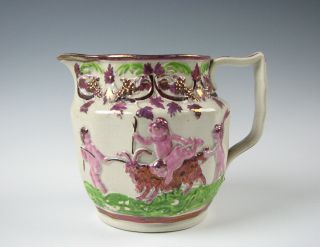 Staffordshire Pink Luster Jug Or Pitcher With Cherubs & Goat C.  1820 Pearlware