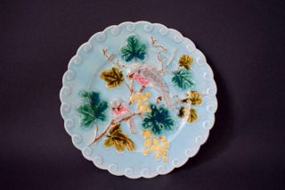 French Wall Sarreguemines Turquoise Majolica Plate With Birds Bunch Of Grapes