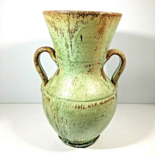 Ar Cole Pottery Two Handle Vase North Carolina Mottled Green Brown Glaze 10 " Mcm