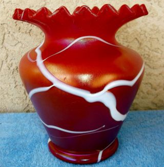 Vintage Kralik Bohemian Art Glass Red Iridescent Vase White Swirl Arts & Crafts