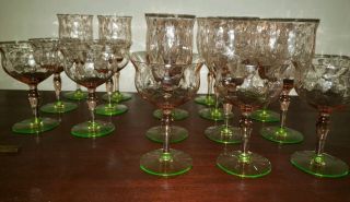 Vintage Tiffin Watermelon Stems Goblets Pink Green Set of 18 wine glass 5