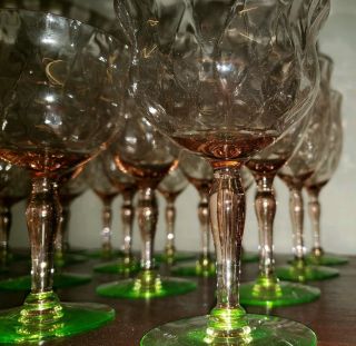 Vintage Tiffin Watermelon Stems Goblets Pink Green Set of 18 wine glass 6