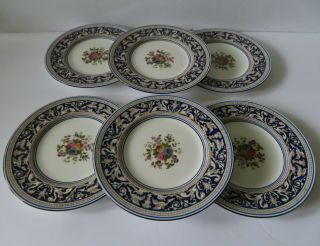 6 Wedgwood Florentine Dark Blue W Floral 7 " Dessert Plates -