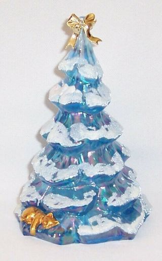 Fenton Glass Misty Blue Iridescent Christmas 6 1/4 " Tree W/ribbon & Cat
