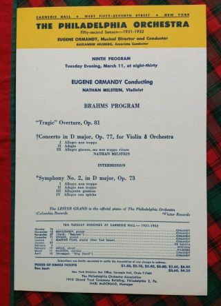 1951 - 1952 Ormandy Nathan Milstein Philadelphia Orchestra Carnegie Concerts Flyer