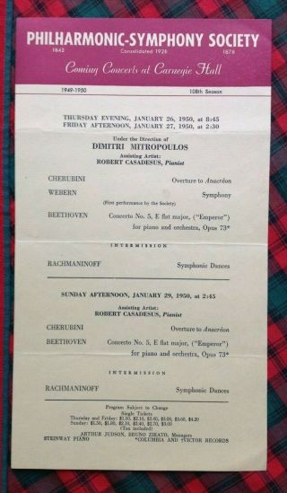 1/26/1950 Mitropoulos Robert Casadesus Philharmonic - Symphony Carnegie Concerts