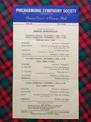 11/4/1948 Mitropoulos Isaac Stern Flyer Philharmonic - Symphony Carnegie Concerts