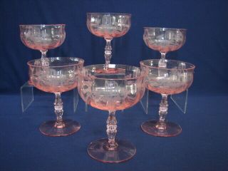Set Of 6 Tiffin Pink Fontaine 4 - 1/2 " Champagne Stems Elegant Vintage Glass Birds
