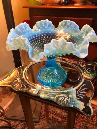 Fenton Blue Opalescent Hobnail Footed Centerpiece Bowl 12 " Crimped Compote 3923