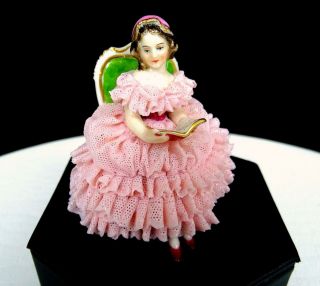Volkstedt Porcelain Dresden Lace Seated Girl Reading 2 3/4 " Figurine 1945 - 1951