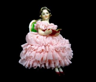 VOLKSTEDT PORCELAIN DRESDEN LACE SEATED GIRL READING 2 3/4 
