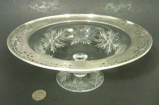 American Brilliant Cut Glass Rock Crystal Sterling Silver Rim 9 " Footed Bowl Abp
