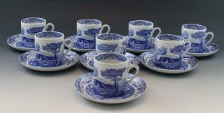 Spode Blue Italian Set Of 8 Demitasse Cups & Saucers Vintage English Porcelain