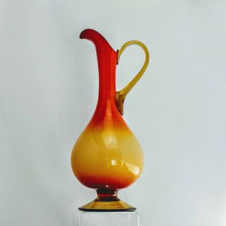 Vtg Mid Century Modern Orange Yellow Hand Blown Art Glass Decanter Bottle Vase