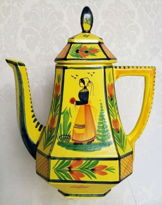 Henriot Quimper Soleil Yellow - Coffee Pot - France Woman - Hand Painted