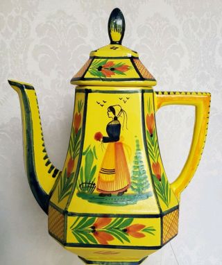 HENRIOT QUIMPER SOLEIL YELLOW - COFFEE POT - FRANCE WOMAN - HAND PAINTED 2