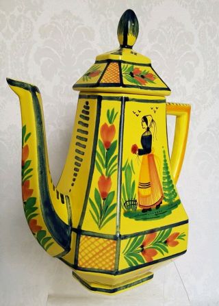 HENRIOT QUIMPER SOLEIL YELLOW - COFFEE POT - FRANCE WOMAN - HAND PAINTED 3