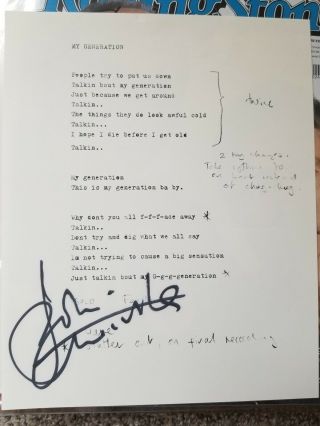 John Entwistle The Who Signed Lyric Sheet To My Generation 2001.
