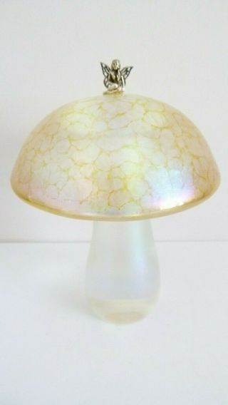John Ditchfield Glasform Large 5.  5 " Yellow Iridescent Mushroom With Silver Fairy