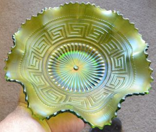 Lovely Antique Northwood Greek Key Green Carnival Glass Ruffled Bowl,  Exc.  Cond
