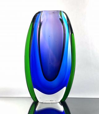 Murano Sommerso 7.  5” Art Glass Vase Blue Purple Green Clear Artist Flavio Poli