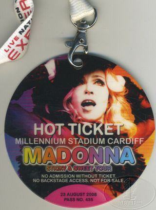 Madonna 2008 Sticky & Sweet Tour Backstage Pass Ticket Cardiff W/ Lanyard