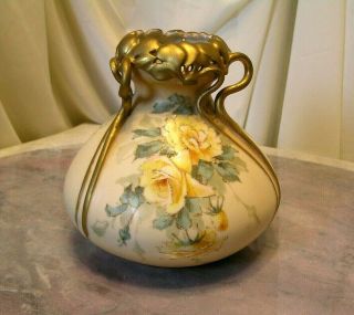 Amphora Teplitz Czech Cyclamen Vase Organic Porcelain Yellow Hand Painted Roses