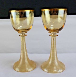 Vintage Pair Bohemian Amber Glass Trumpet Stem Wine Glasses Attributed To Moser