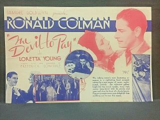1930 Movie Herald.  The Devil To Pay.  Loretta Young,  Myrna Loy,  Ronald Colman