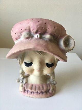 Rare Vintage Head Vase Of Young Girl Wearing Pink Hat Pigtails Japan Planter Vtg
