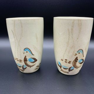 2 Vtg Red Wing Bob White Birds Turquoise Brown Flecked 4 7/8 " Tumblers Glasses
