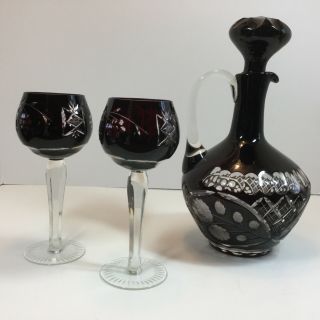 Vintage Cranberry Cut To Clear Carafe Decanter And Two Goblets Dark Red